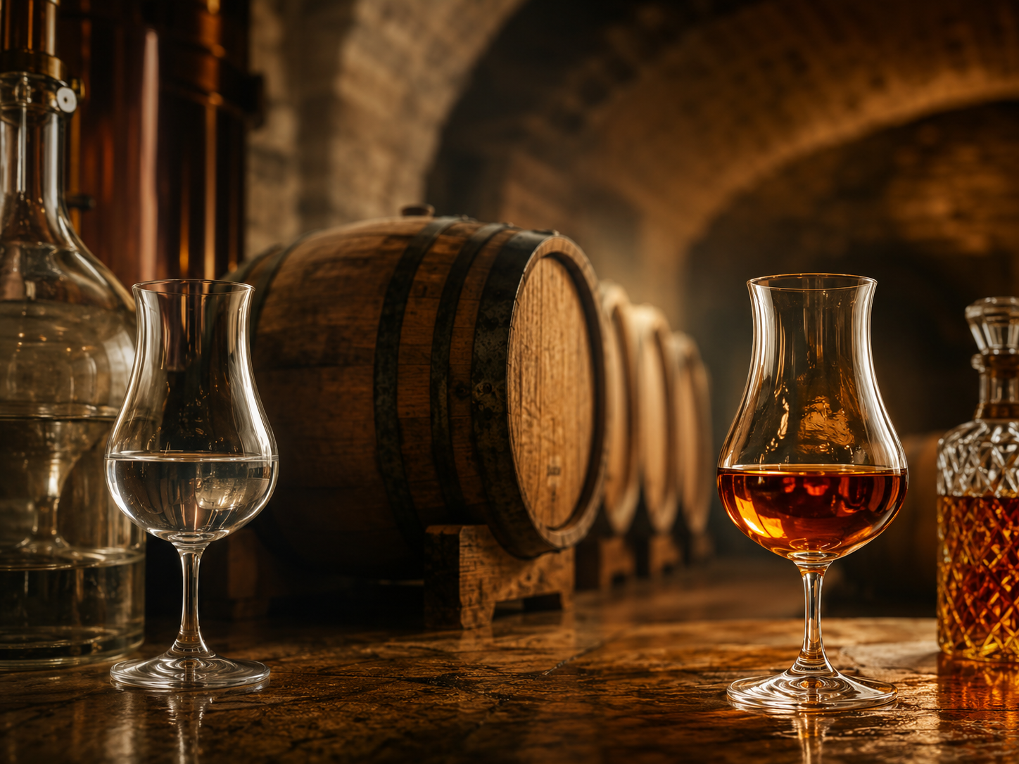 Proměna čiré eau-de-vie v jantarově zbarvený koňak během zrání