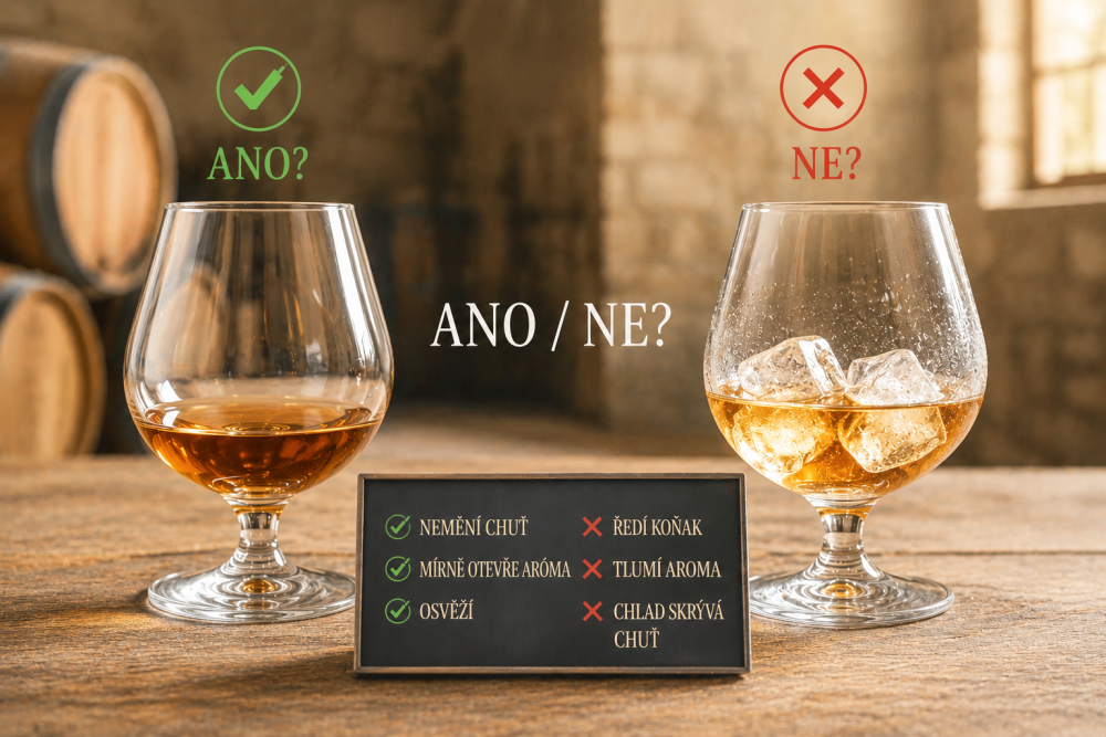 Sklenice koňaku podávaná s kostkami ledu